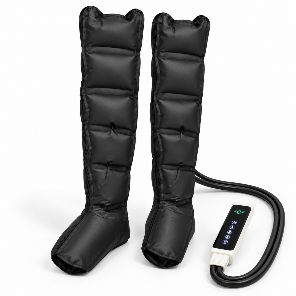 Deux bottes de pressothérapie PRESSIO ONE Lite et leur boîtier — fond blanc