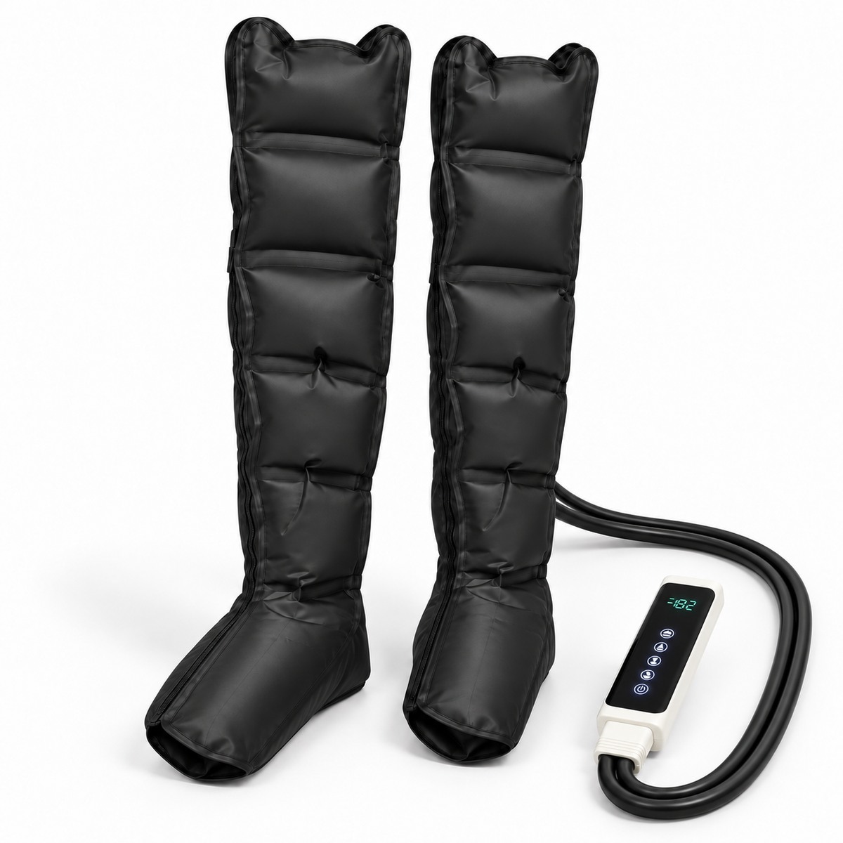 Deux bottes de pressothérapie PRESSIO ONE Lite et leur boîtier — fond blanc