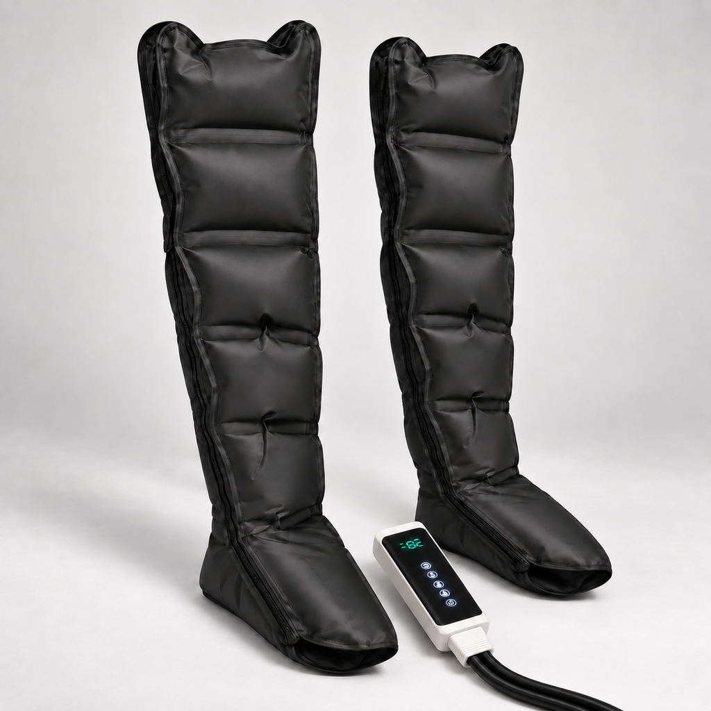 Deux bottes de pressothérapie PRESSIO ONE Lite et leur boîtier — vue de trois quarts