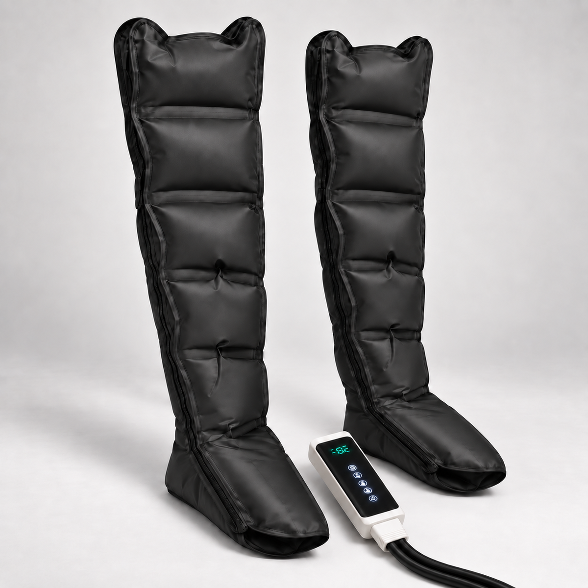 Deux bottes de pressothérapie PRESSIO ONE Lite et leur boîtier — vue de trois quarts
